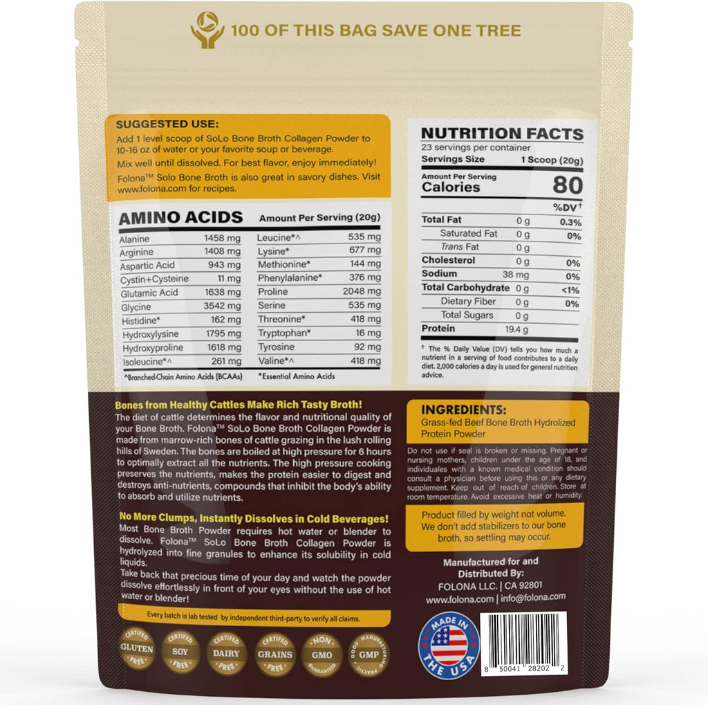 Solo Bone Broth Protein Collagen Powder Low Sodium, 16g Hydrolyzed Collagen Type I & III, for Healthy Skin, Nails, Hair, Joints & Digestion, Grass Fed, 1 lb (Bag - Net Wt. 1 lb. Powder)