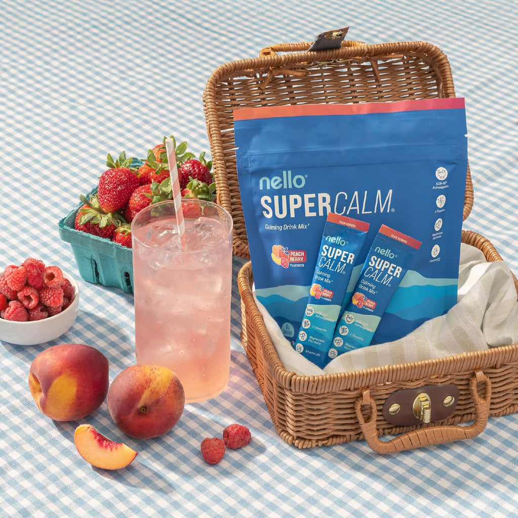 Supercalm Drink Mix - Ashwagandha KSM 66, Magnesium Glycinate & L-Theanine Supplement - Ashwagandha Root Extract - Focus and Relaxation Support (20 Travel Packets) - Peach Berry