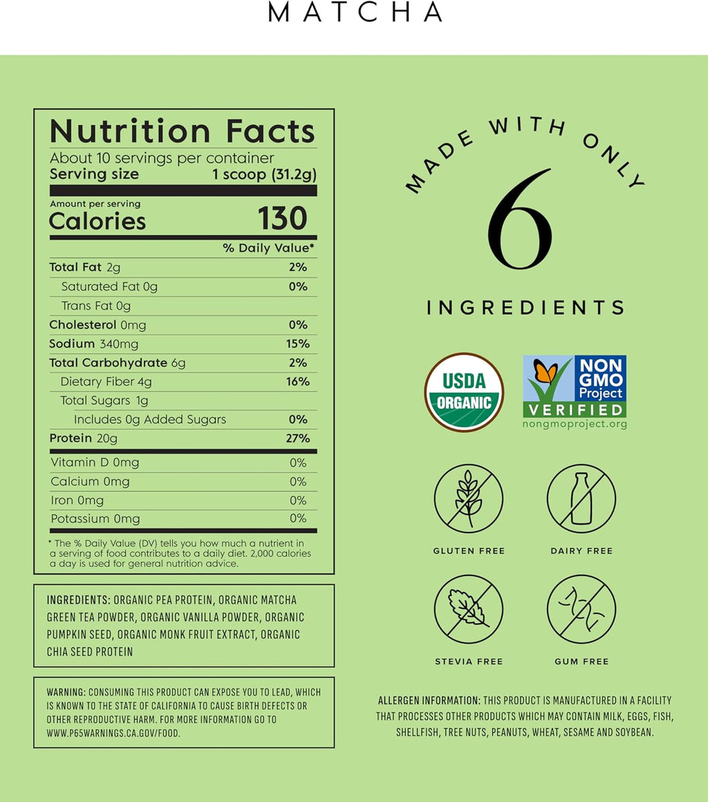 Truvani Vegan Pea Protein Powder | Matcha | 20g Organic Plant Based Protein | 10 Servings | Keto | Gluten & Dairy Free | Low Carb | No Added Sugar
