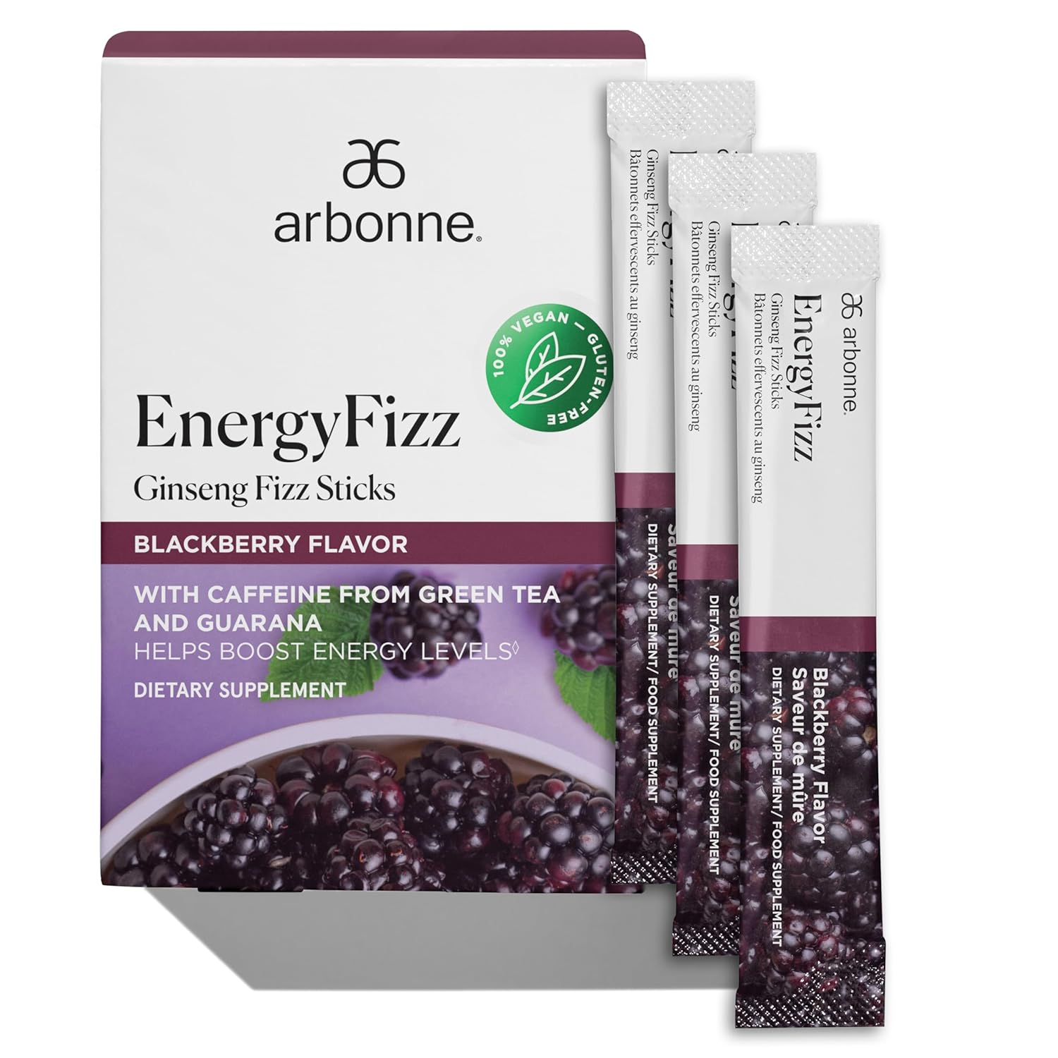 Arbonne Ginseng Energy Supplements - Blackberry Flavor Fizz Sticks, Energy Boost with Caffeine Powder from Guarana and Green Tea, Delicious Alternative to Caffeine Pills