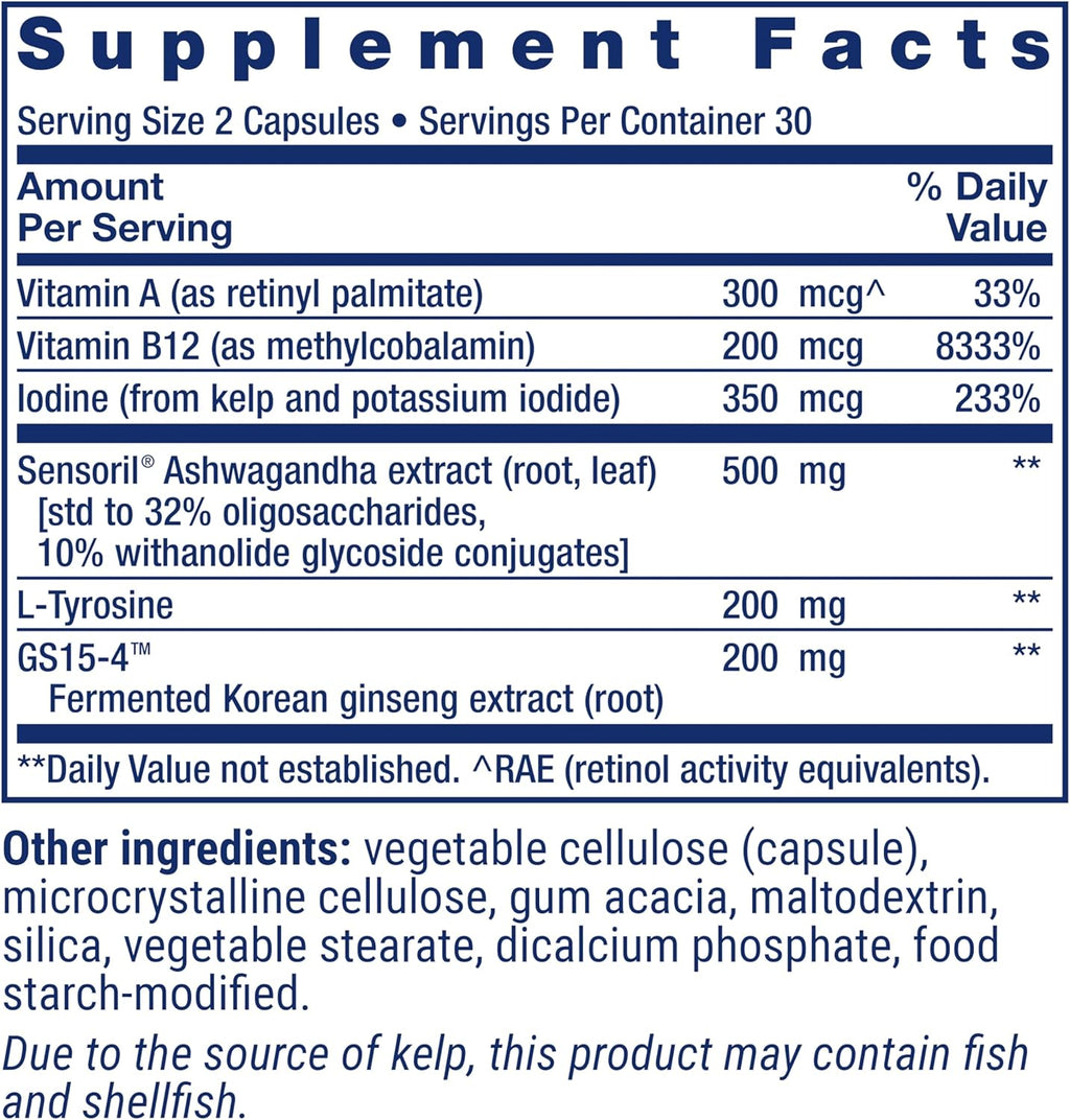 Life Extension Thyroid Support Complex - Thyroid Health Support Supplement with Vitamins A, B, Iodine, Magnesium, L-Tyrosine, Ashwagandha & Ginseng for Energy – Non-GMO, Gluten-Free - 60 Capsules