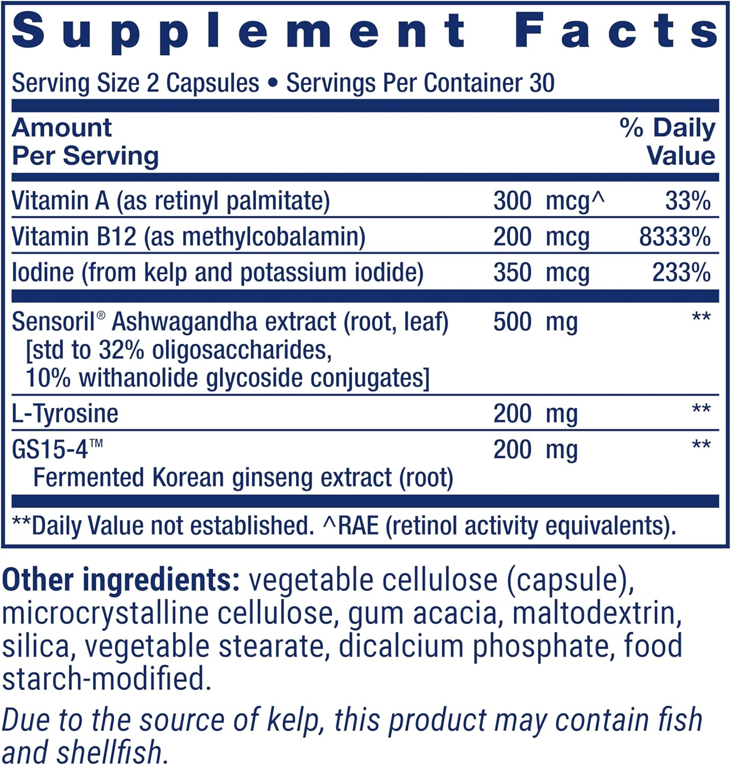 Life Extension Thyroid Support Complex - Thyroid Health Support Supplement with Vitamins A, B, Iodine, Magnesium, L-Tyrosine, Ashwagandha & Ginseng for Energy – Non-GMO, Gluten-Free - 60 Capsules