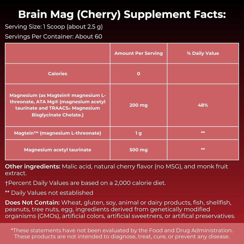 Brain Mag Magnesium L-Threonate (Magtein) w/Mag Taurate (ATA Mag) Mag Glycinate for Brain Support | 60 Servings (Cherry)