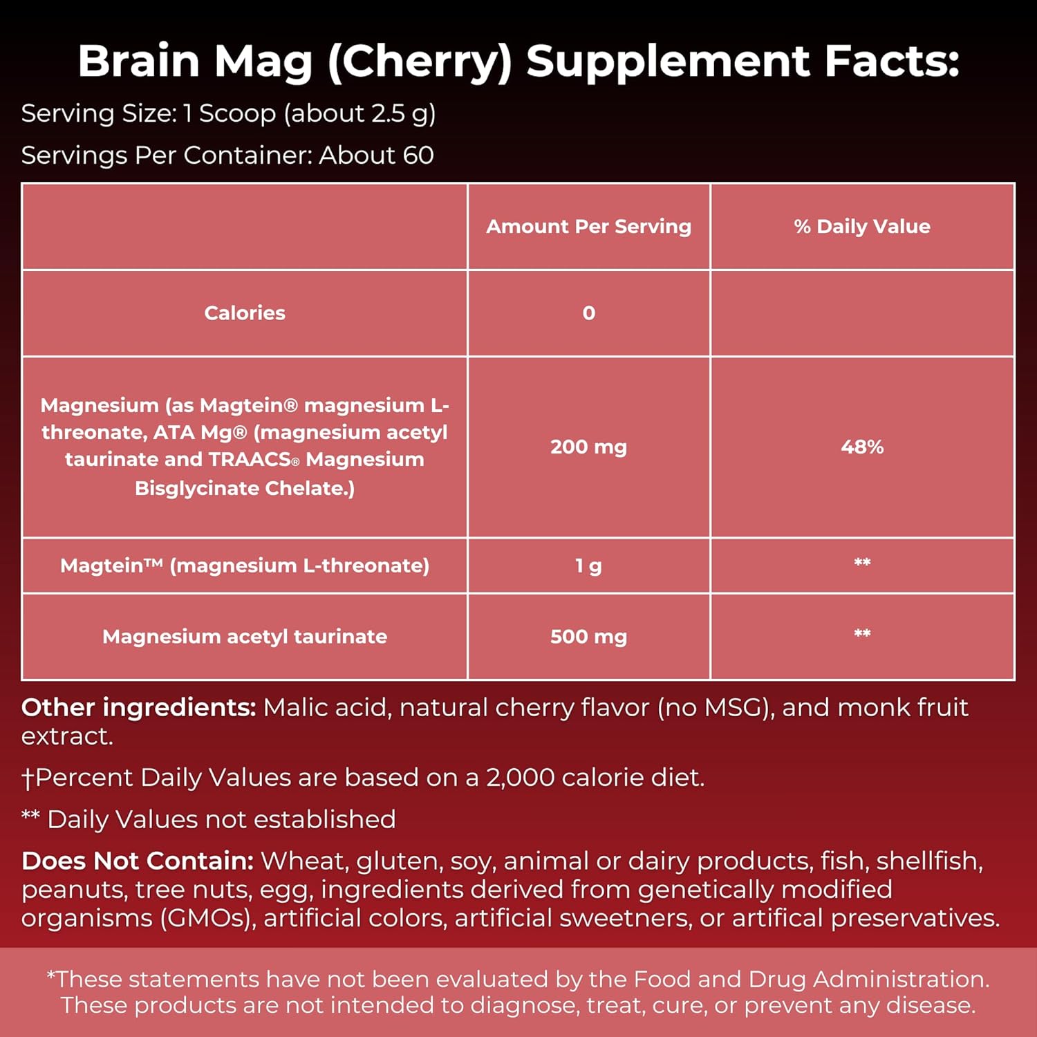 Brain Mag Magnesium L-Threonate (Magtein) w/Mag Taurate (ATA Mag) Mag Glycinate for Brain Support | 60 Servings (Cherry)