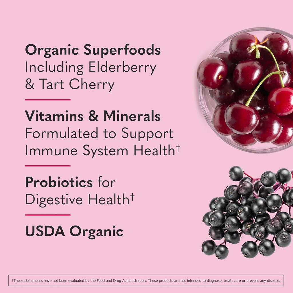 Garden of Life Superfoods Sips Pouches, Vitamins, Probiotics, 13 Organic Superfoods, Immunity Reds, Functional Mushrooms, Once Daily, Organic, Vegan, Preservative-Free, Berry Flavor, 12 Servings