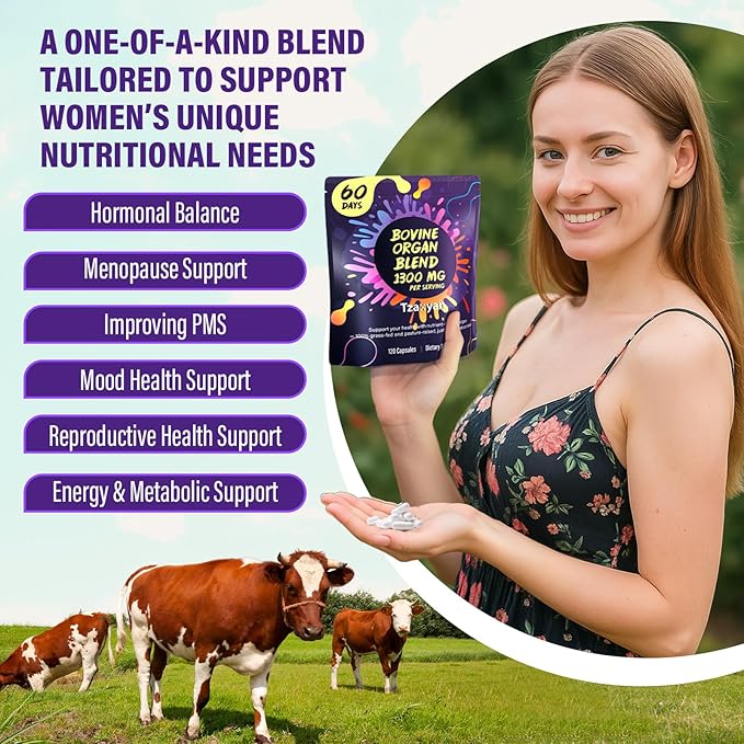 1300MG Beef Organ Supplement for Women, 100% Grass Fed Beef Liver, Uterus, Ovary & 3 More, Bovine Organ Capsules for Supports Women's Overall, Endocrine Balance, Energy, Immunity, 60 Days