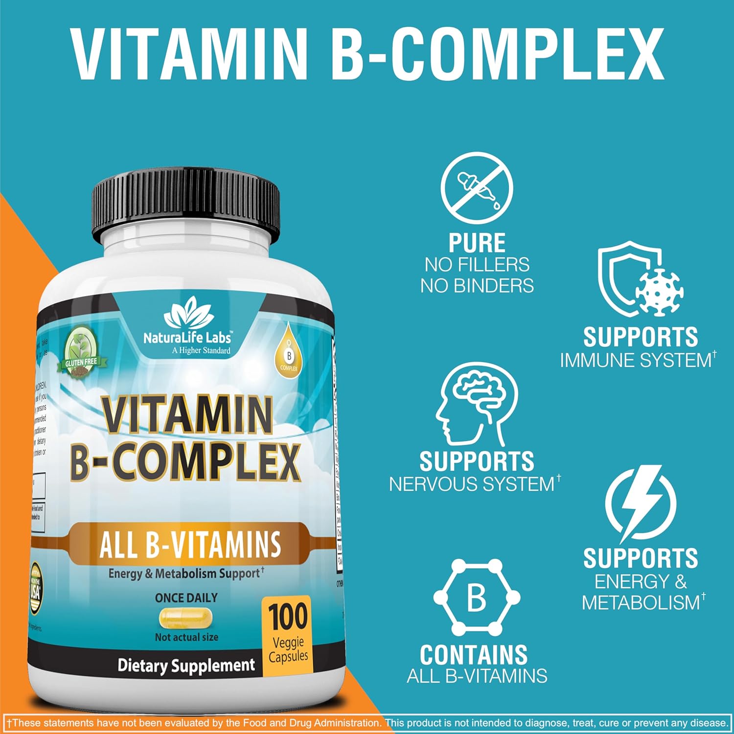 NaturaLife Labs Vitamin B Complex with Vitamin C and Folic Acid - B12, B1, B2, B3, Vitamin B5 Pantothenic Acid, B6, B7, B9 - Nervous System Support 100 Veggie Capsules