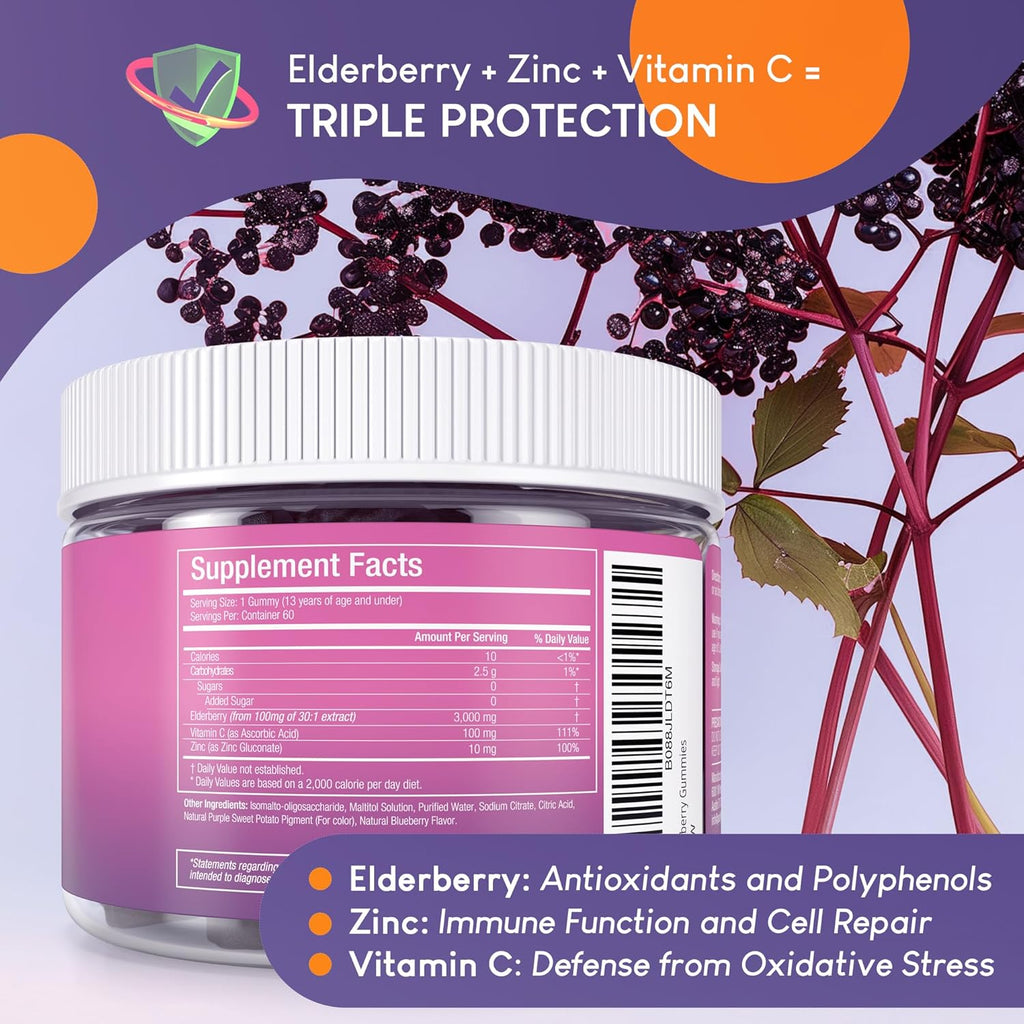 Purify Life Sugar-Free Kids Elderberry Gummies with Vitamin C & Zinc – Daily Immune Support Supplement for Children, Sambucus Antioxidant, Vegan, 60 Ct
