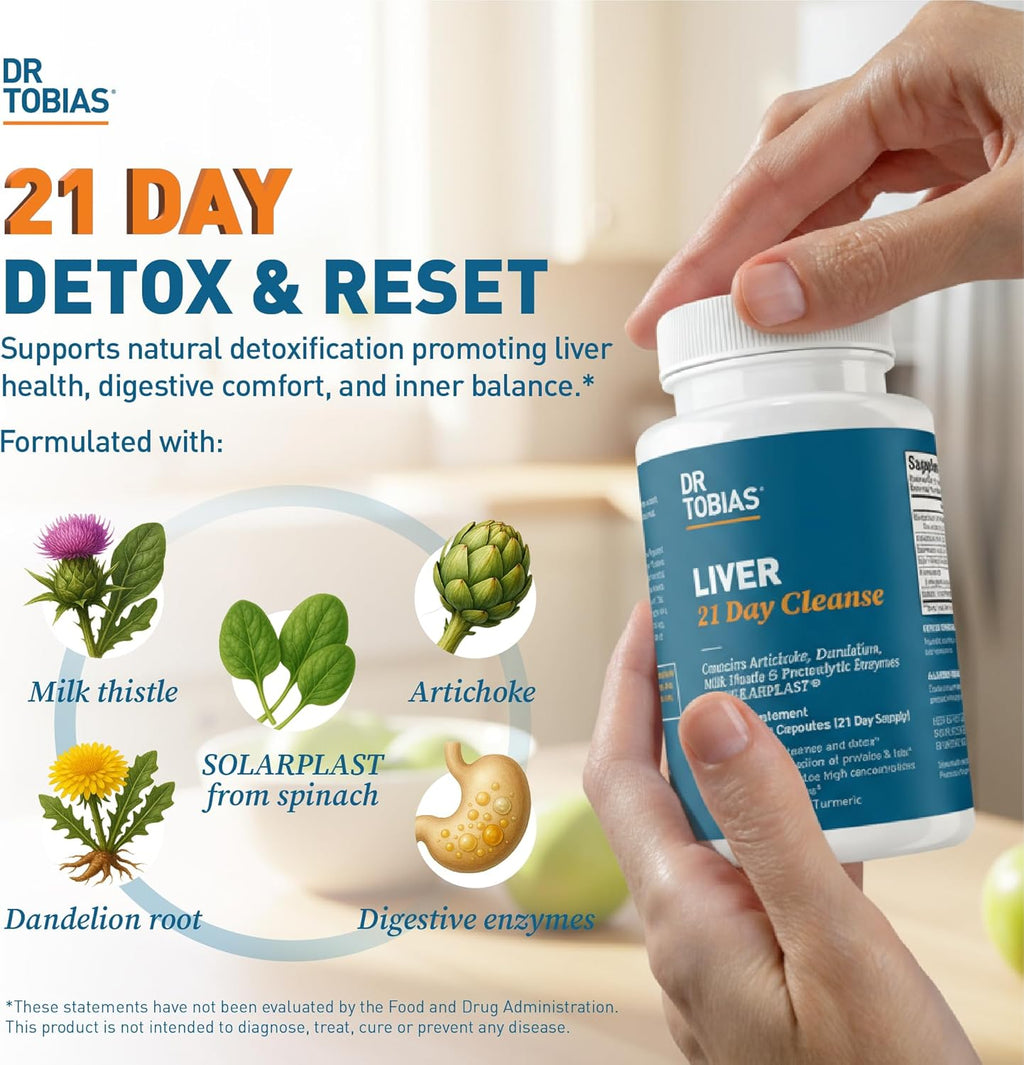 Dr. Tobias Liver 21 Day Cleanse, Herbal Liver Detox Cleanse with Milk Thistle, Dandelion Root & Artichoke Extract, Supports Liver Health & Digestion, 63 Vegetarian Capsules (63 Count (Pack of 1))