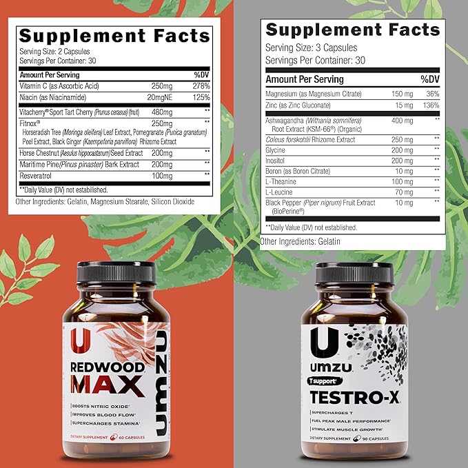 UMZU Redwood Max + Testro-X Bundle – Advanced Nitric Oxide Booster & Men’s Wellness Support – Circulation, Energy, Recovery, Focus & Daily Vitality – 60 + 90 Capsules (30-Day Supply)