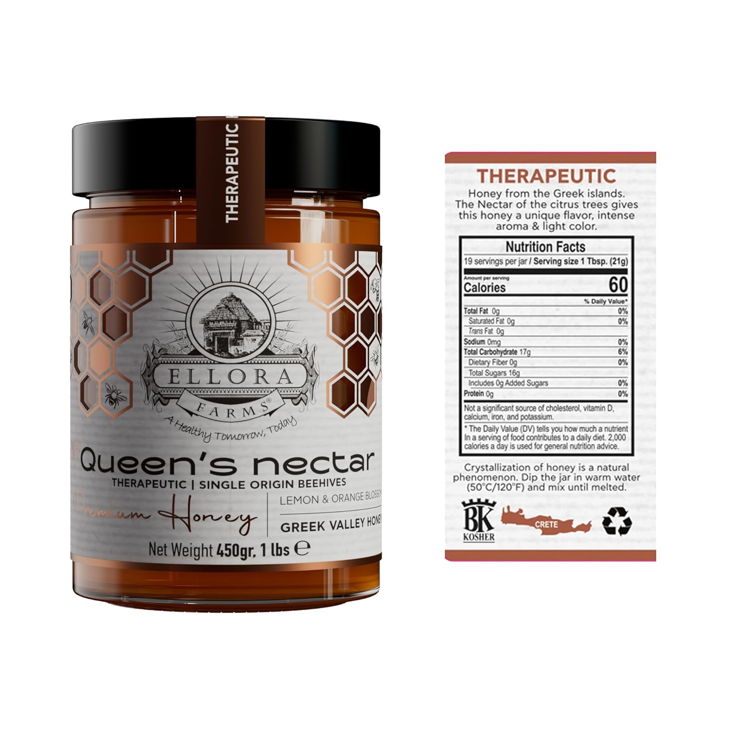 Ellora Farms Greek Honey, Lemon & Orange Blossom Raw Honey Unfiltered, 2025 Paris Platinum Award, Non-GMO and Unpasteurized, Dipper Included - 450g (1lbs)