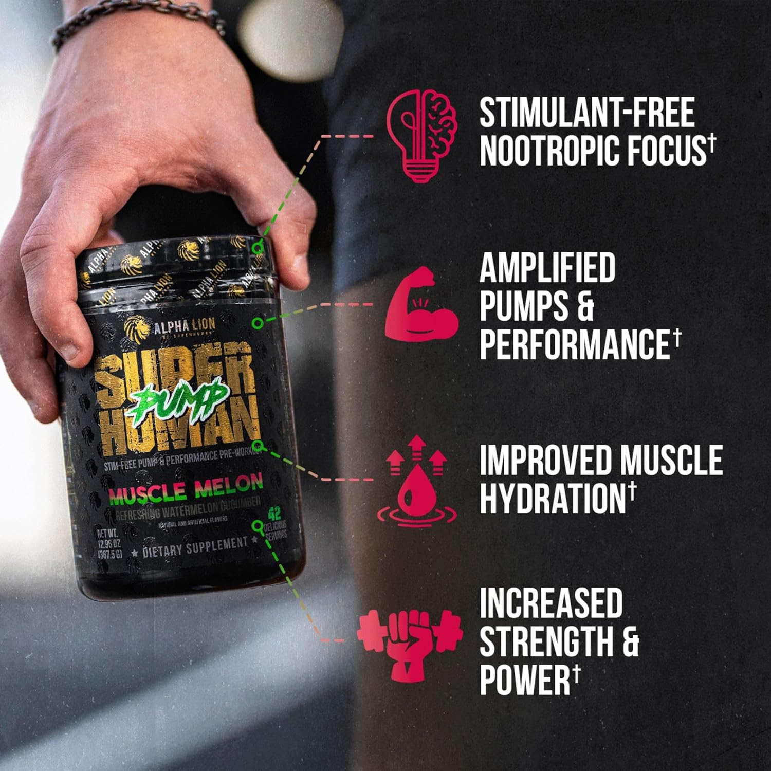 ALPHA LION Superhuman Pump Pre Workout Powder, Caffeine Free & Stim Free Preworkout Supplement, Nitric Oxide Booster, Muscle Gainer, Energy & Focus (42 Servings, Muscle Melon Flavor)