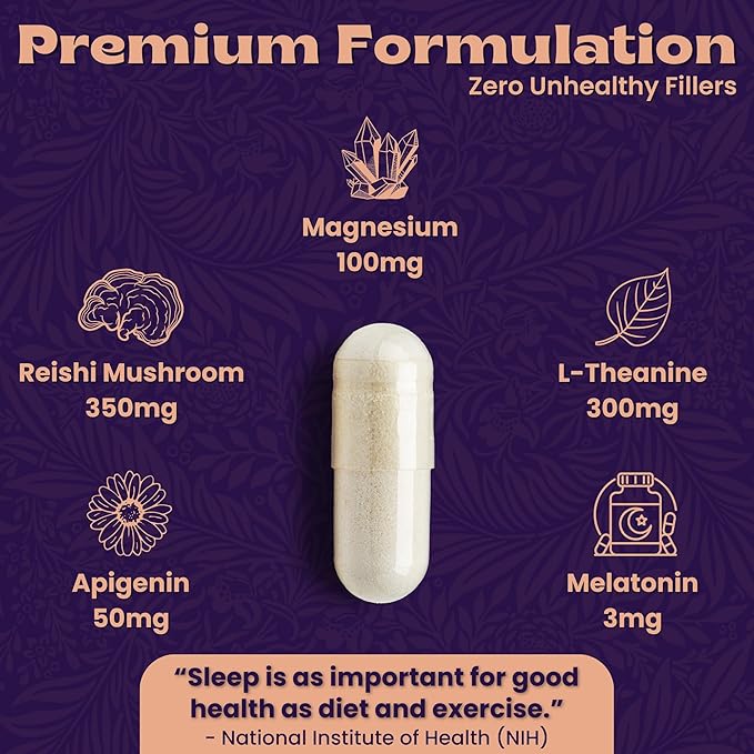 Natural Sleep Aid with Magnesium Glycinate, Reishi Mushroom Extract, L-Theanine, Apigenin, and Melatonin - Sleep Supplement for Adults Seeking Deep Rest - 60 Capsules, Made in The USA