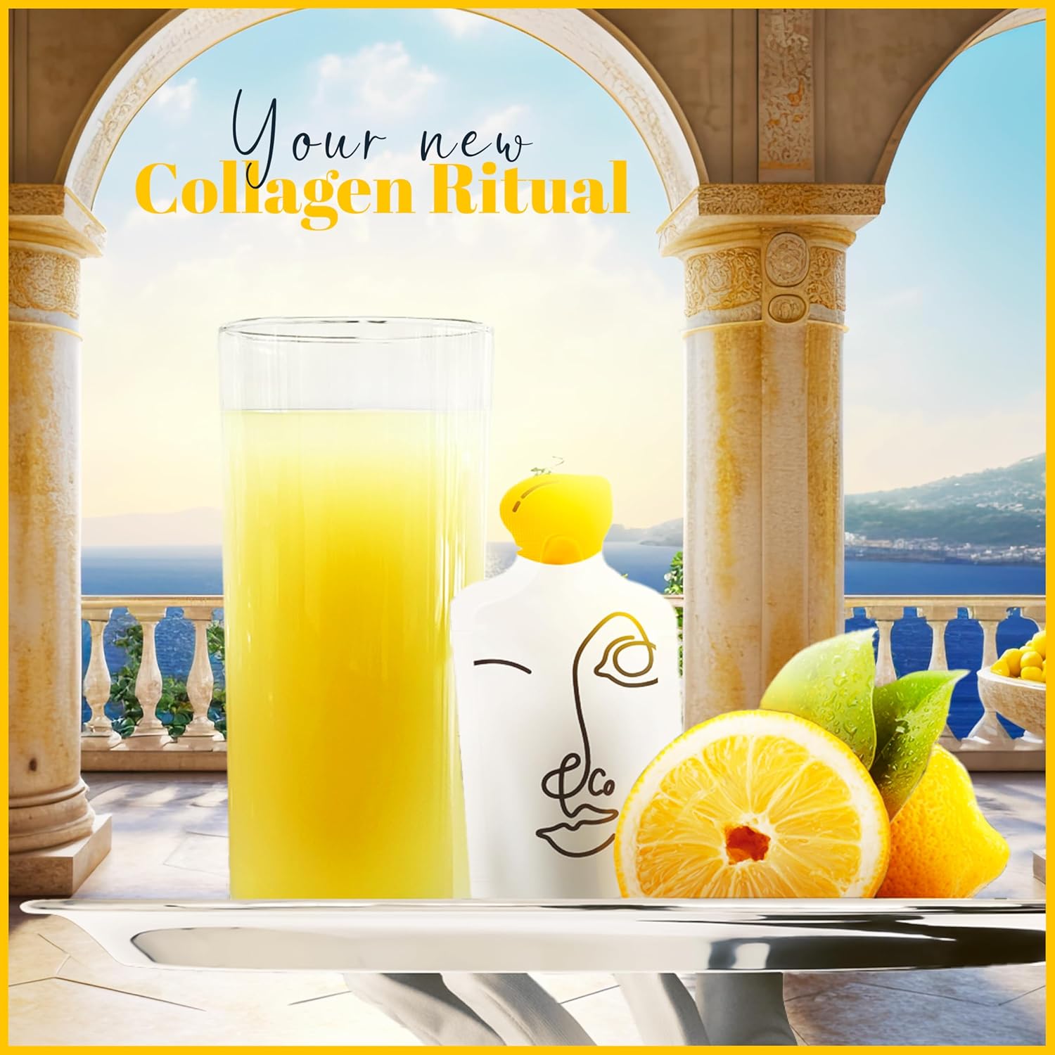 LEMON & CO. Lemon Collagen Elixir - 5g Wild Caught Marine Collagen with Vitamin C & Organic Lemons - Non-GMO, Sugar-Free, Preservative-Free Collagen Water for Nails, Hair & Skin - 14 Packets