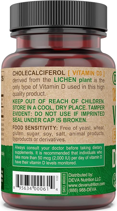 DEVA Vitamin D3 5000 IU, Sunshine Supplement, 125 mcg of Vegan D3, 90-Count Bottle