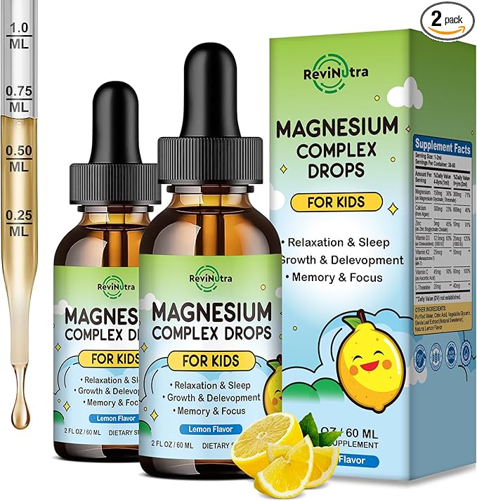 (2 Pack) Magnesium Glycinate Liquid for Kids, Kids Magnesium Liquid Drops Supplement with L-Theanine, Calcium, Zinc, Vitamin D3 K2 for Sleep Calm Relaxation Brain Bones Focus, Lemon Flavor 4 Fl Oz