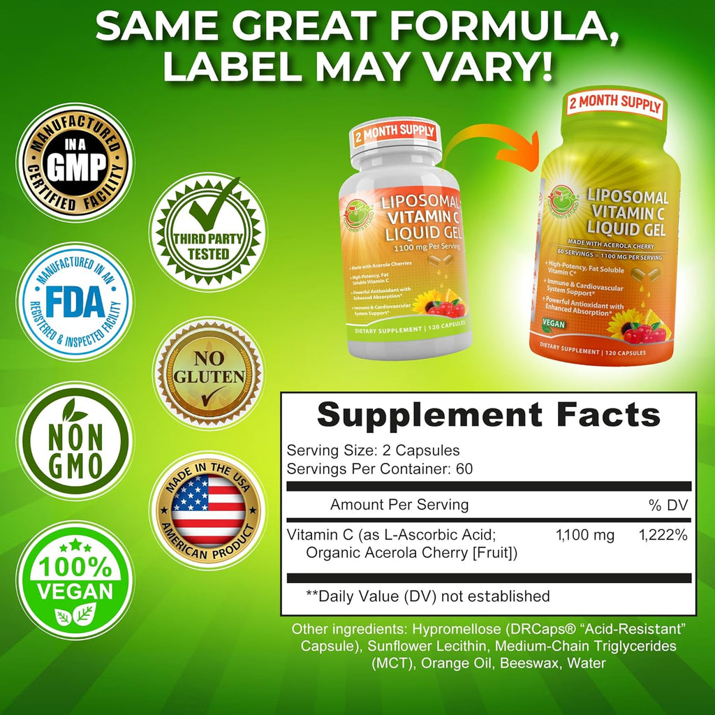 Liposomal Vitamin C Liquid Gel Capsules - 1100mg - Made with Organic Acerola Cherries, High Potency Vitamin C Liposomal Immune Support Supplement with Enhanced Absorption & Bioavailability - 120 count