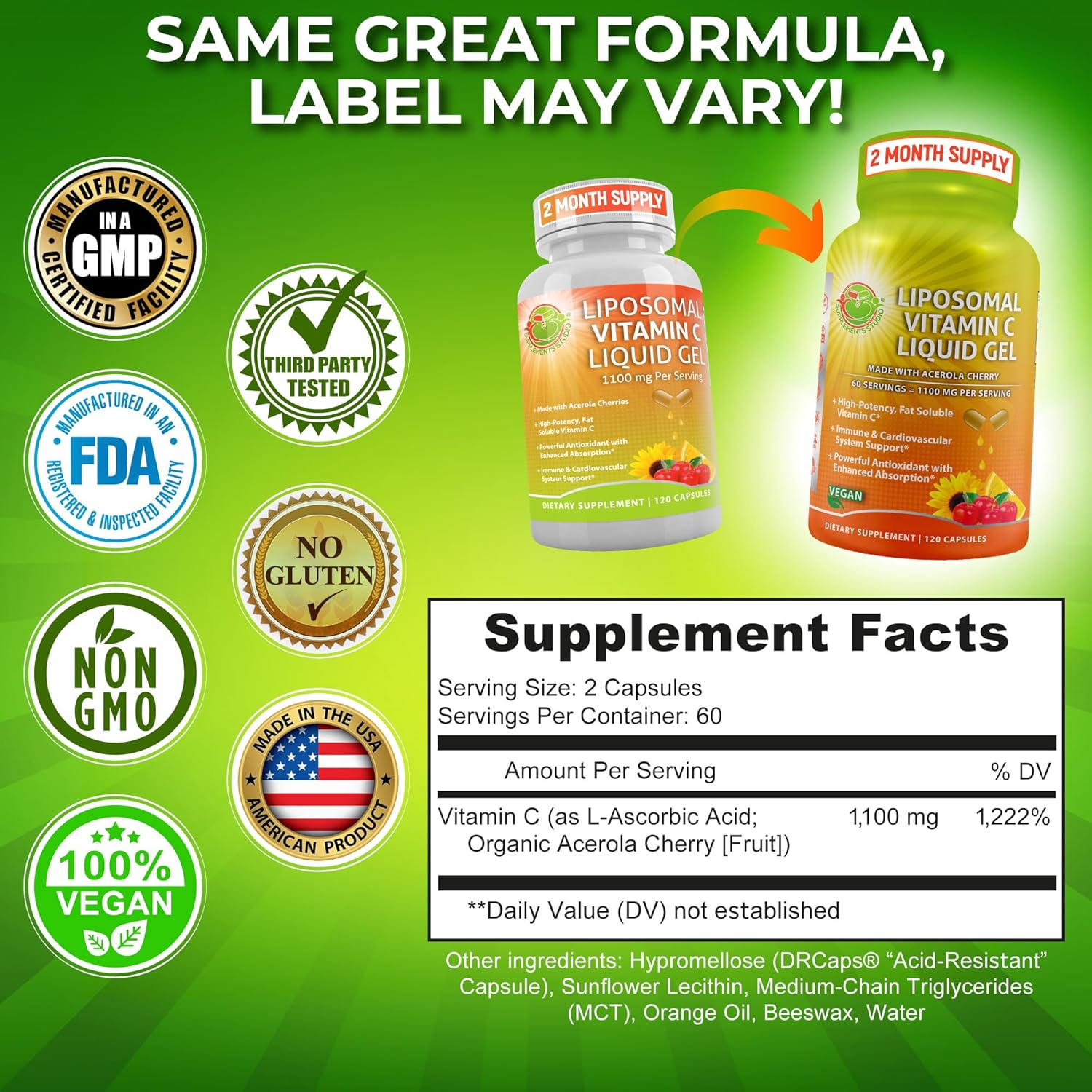 Liposomal Vitamin C Liquid Gel Capsules - 1100mg - Made with Organic Acerola Cherries, High Potency Vitamin C Liposomal Immune Support Supplement with Enhanced Absorption & Bioavailability - 120 count