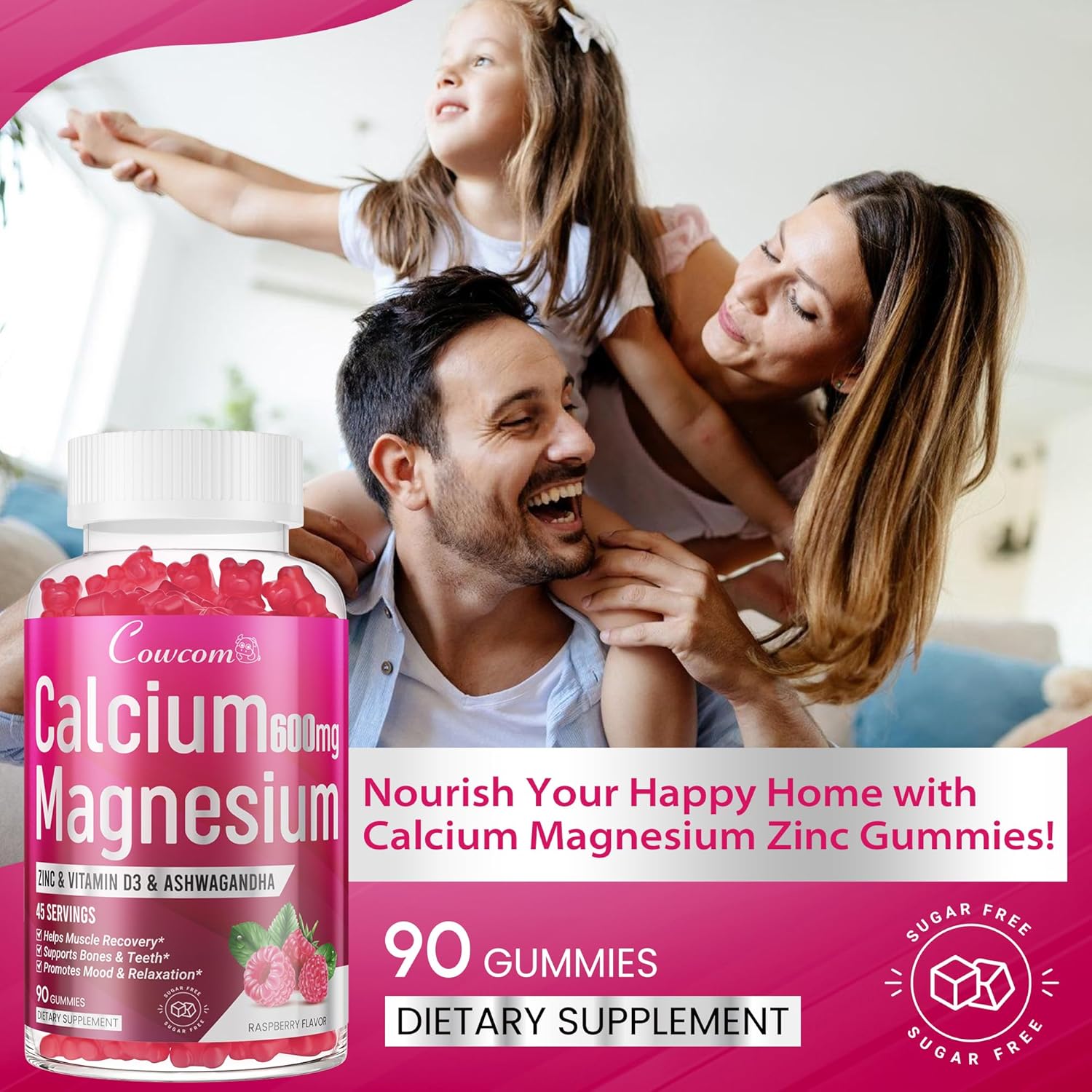 Calcium Magnesium Zinc Gummies & Vitamin D3,B6,B12,Immune & Supporting Bone Health Calcium Magnesium Supplement for Women Men,Sugar-Free Vegan Raspberry Flavor 90 Counts