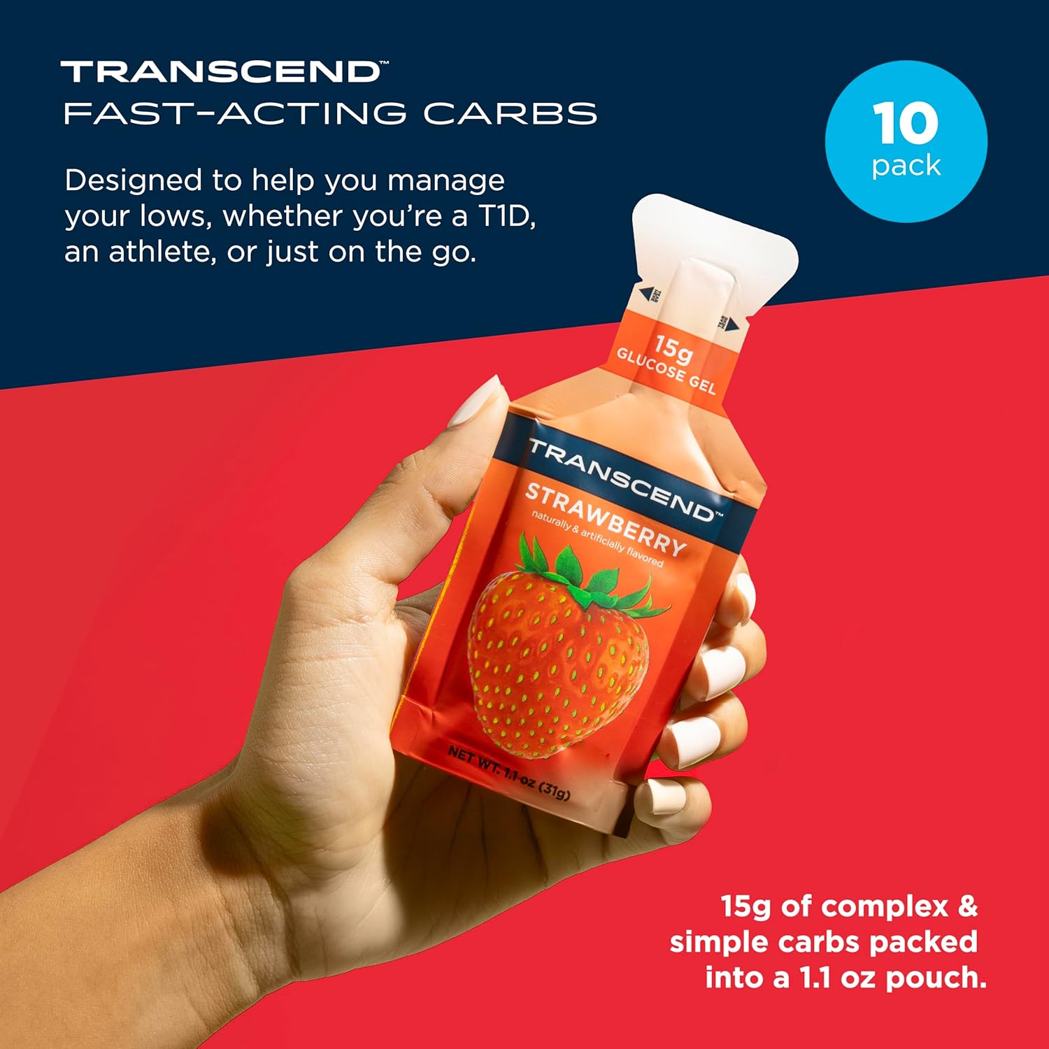 Transcend Foods Strawberry Gel (1.1 oz, Pack of 10) Fast-Acting Carb Gel Strawberry Flavor – Caffeine Free, Gluten Free
