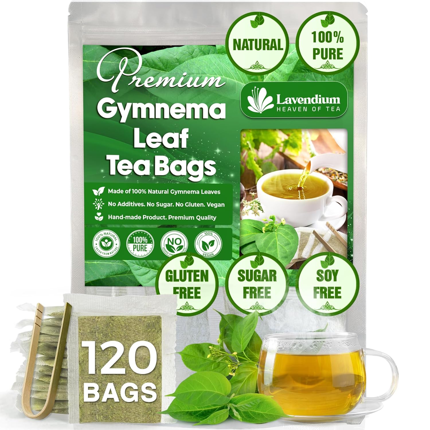 Lavendium, Premium 120 Gymnema Leaf Tea Bags, 100% Natural & Pure from Gymnema Leaves. Gymnema Tea Bags for Diabetics - COLD-DRIED for Maximum Freshness and Nutrient Retention. No Sugar, Vegan.
