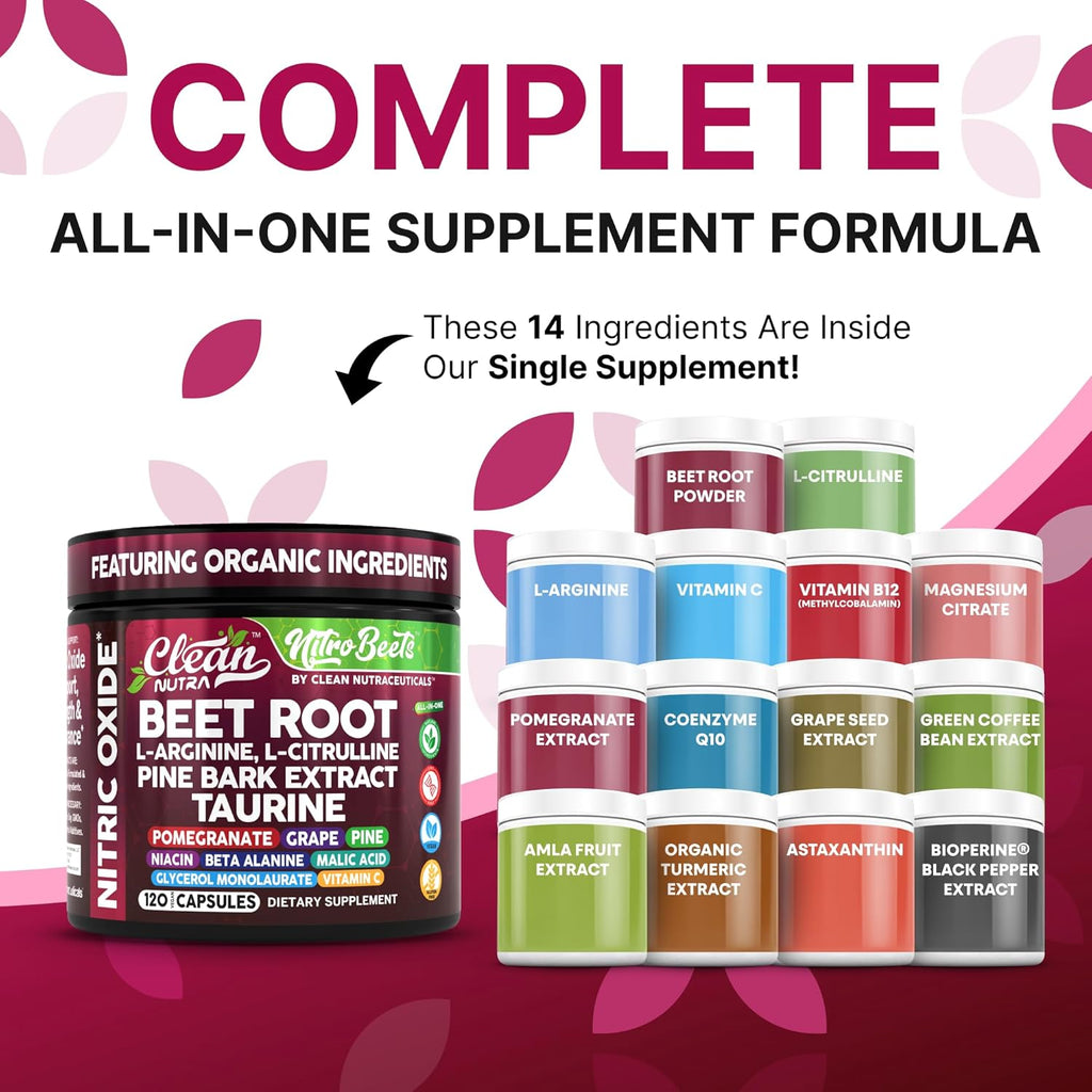 Clean Nutra Organic Beet Root Capsules L Arginine L Citrulline Pine Bark Nitric Oxide Beetroot Powder Arginine Citrulline Supplement Pre Workout Supplements Extract – 120 Vegan Pills