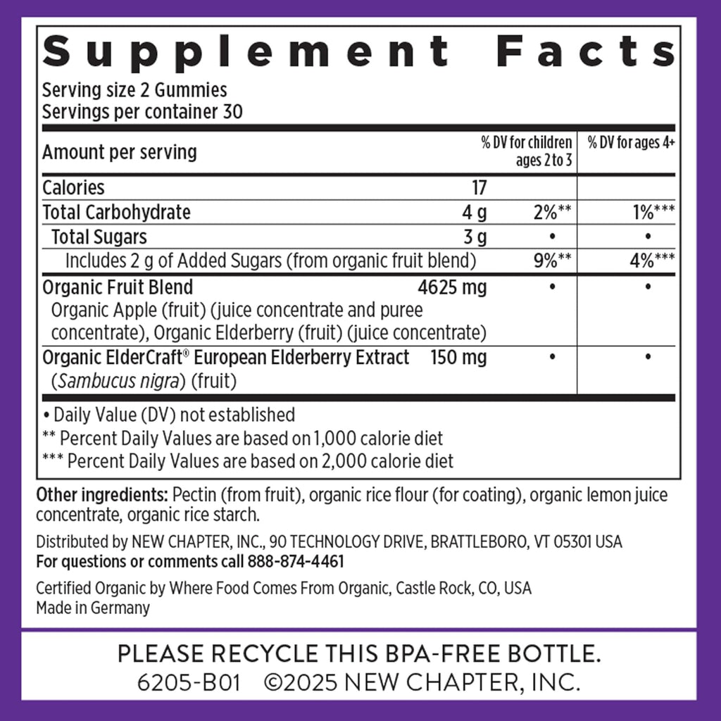 New Chapter Elderberry Gummies for Adults & Kids (2+), USDA Organic 64x Concentrated Elderberry for Immune Support, Great-Tasting Whole-Food Gummies, Vegan & Non-GMO - 60 ct
