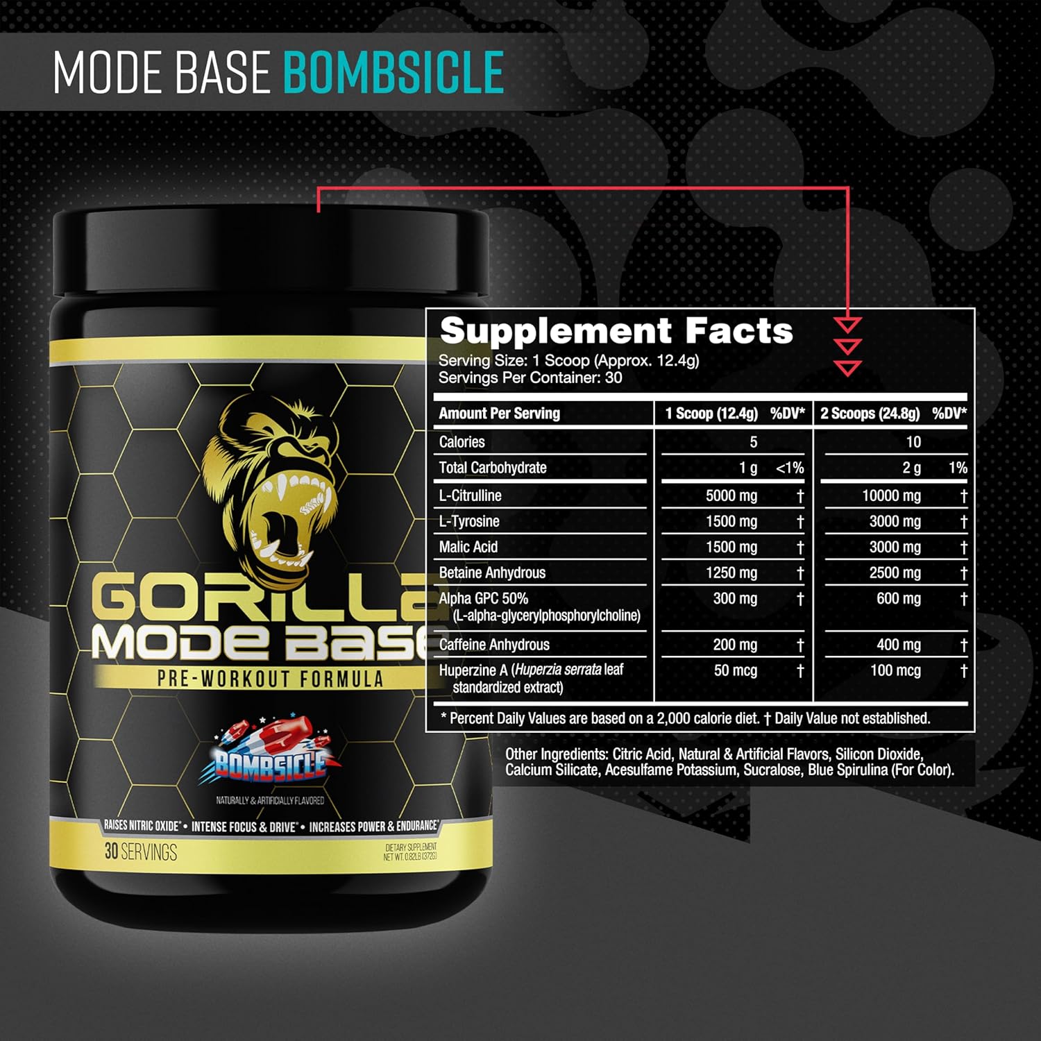 Gorilla Mind Base Pre Workout - Raises Nitric Oxide Intense Focus & Drive Endurance Power - L-Citrulline, L-Tyrosine, Betaine, Alpha-GPC, Caffeine, Huperzine A - 360 Grams (Bombsicle)
