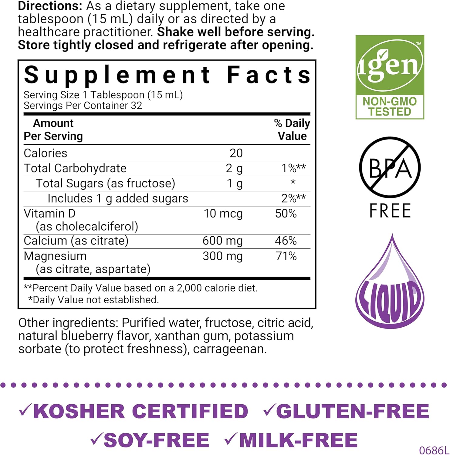 Bluebonnet Nutrition Liquid Calcium Citrate Magnesium Citrate, Vitamin D3, Bone Health, Gluten Free, Soy free, milk free, kosher,32 Servings, Blueberry Flavor, 16 Fl Oz (Pack of 1)