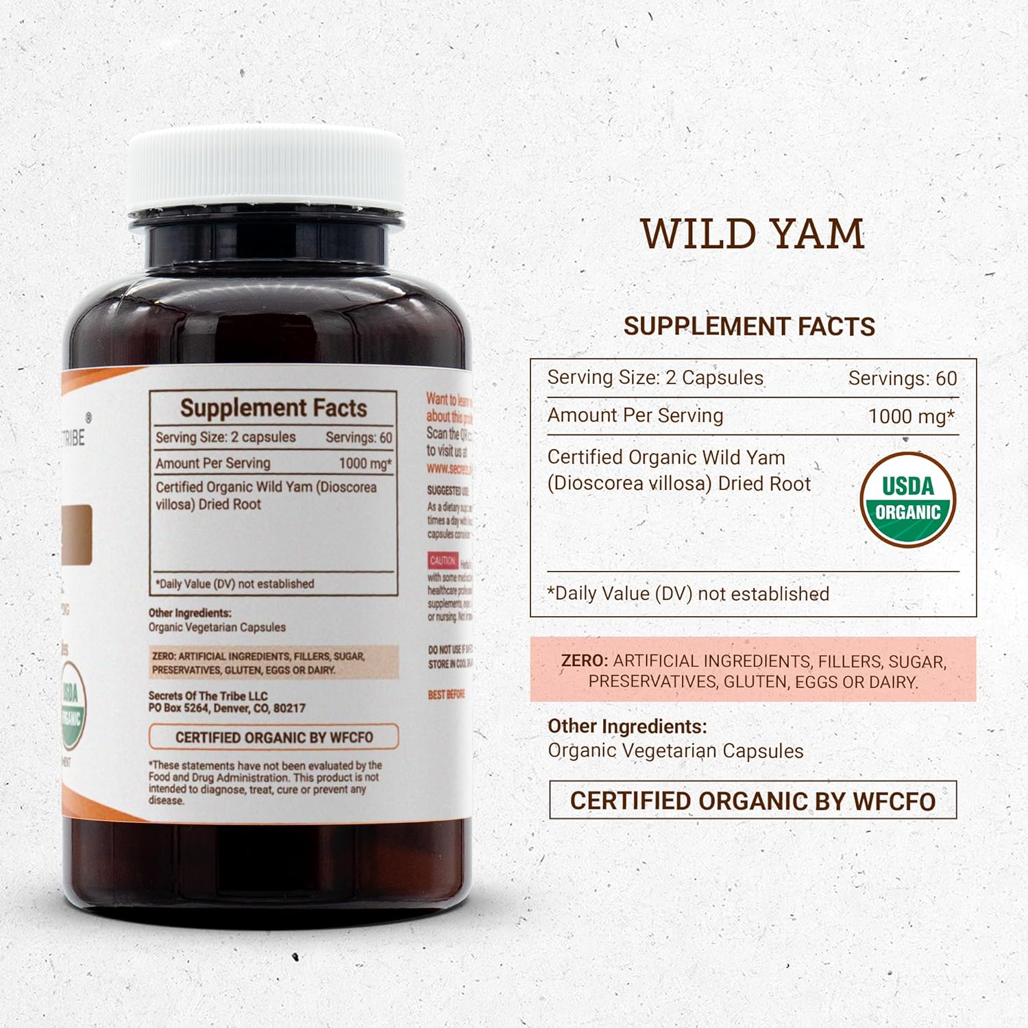 Secrets of the Tribe Wild Yam USDA Organic 120 Capsules | Made with Organic Vegetarian Capsules and Responsibly farmed Organic Wild Yam (Dioscorea Villosa) Dried Root (120 Capsules)