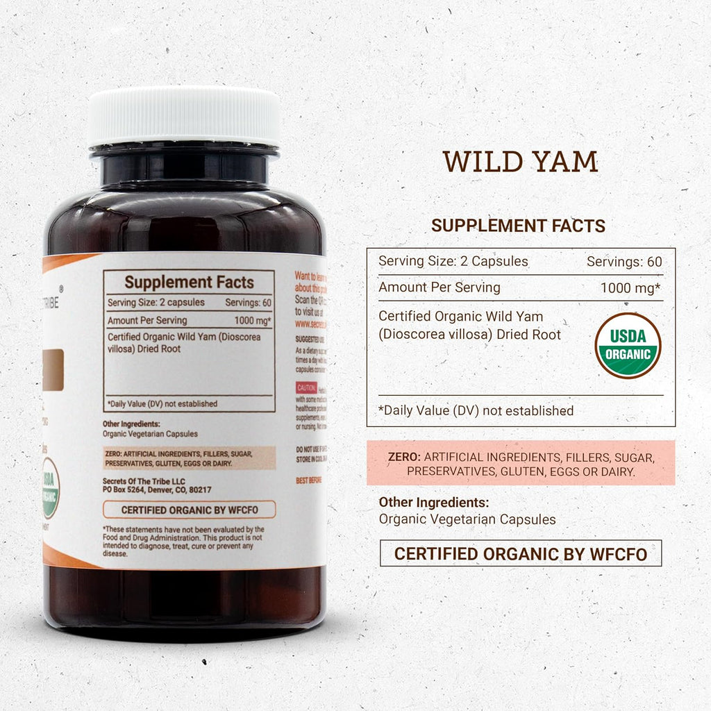 Secrets of the Tribe Wild Yam Capsules 1000 mg Responsibly farmed USDA Organic Wild Yam (Dioscorea Villosa) Dried Root, Hormone Support Supplement (120 Capsules)
