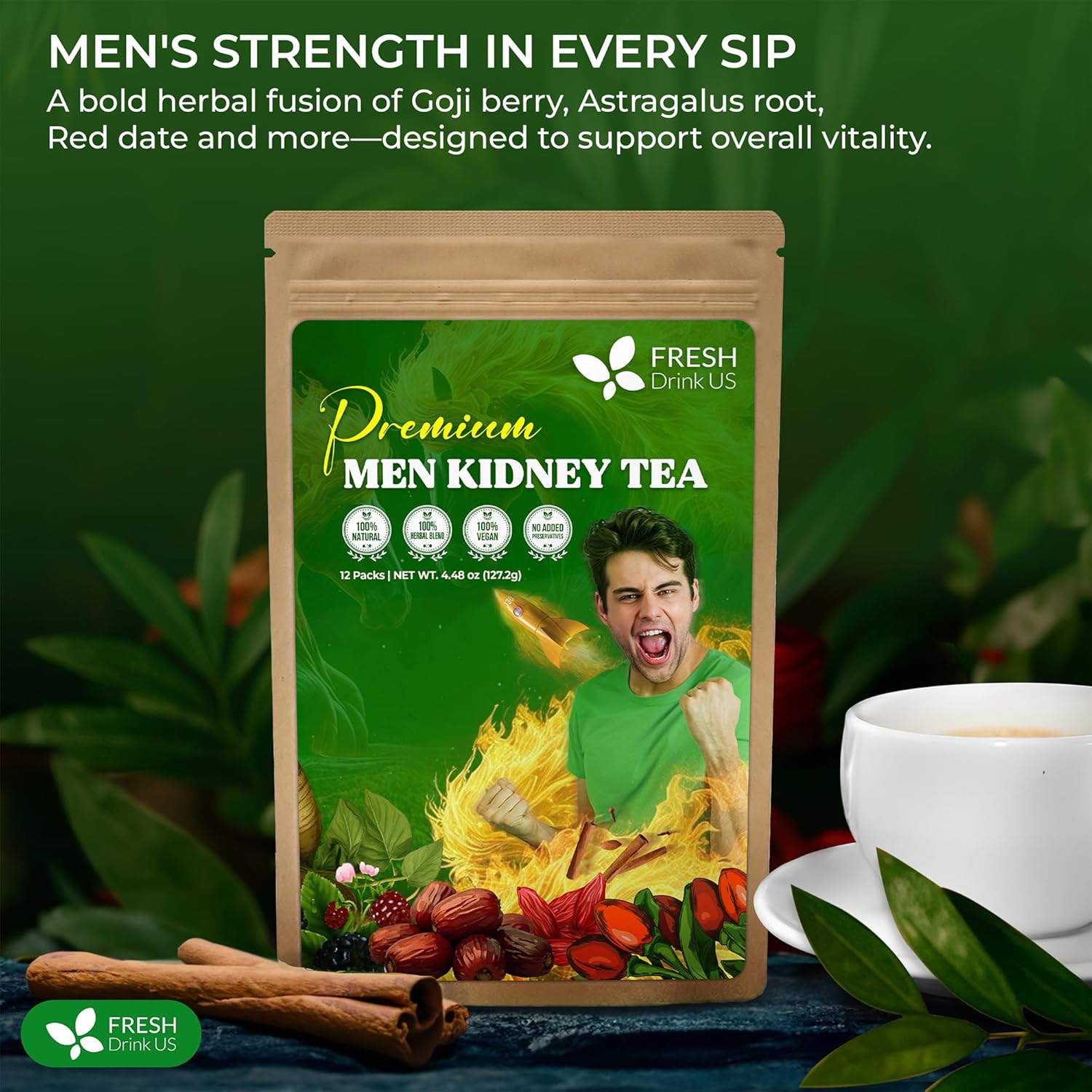 FreshDrinkUS, 24 Packs of Premium Herbal Kidney Support Tea – Ginseng Six Treasure Blend, 9 Powerful Ingredients, 10g/Bag – Men's Wellness Tea with Ginseng and Five Treasure Aid Root.