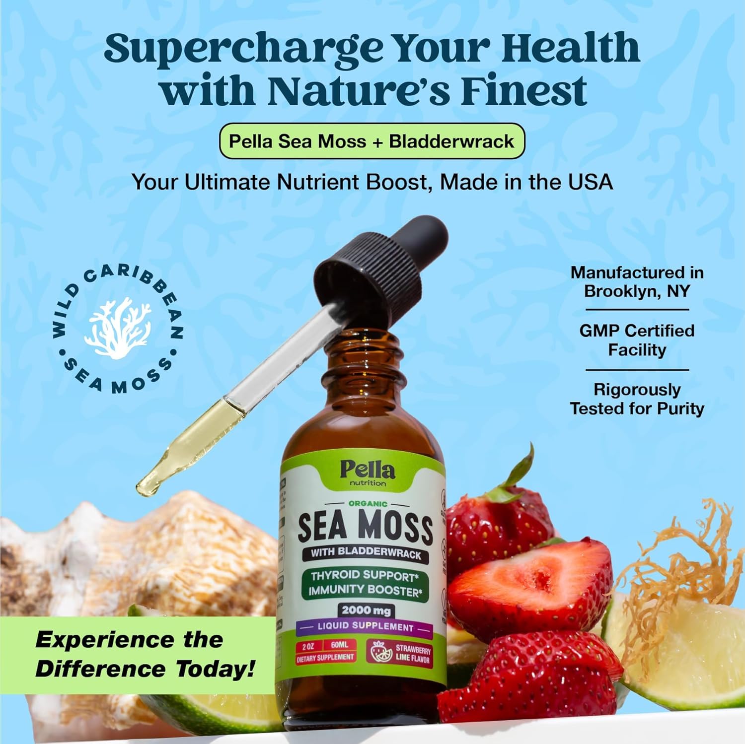 Pella Nutrition Organic Sea Moss Drops - 4X Stronger Than Irish Sea Moss Gel, Capsules and Gummies - Superfood Supplement - Immune Support Supplement (Strawberry Lime, 60mL)