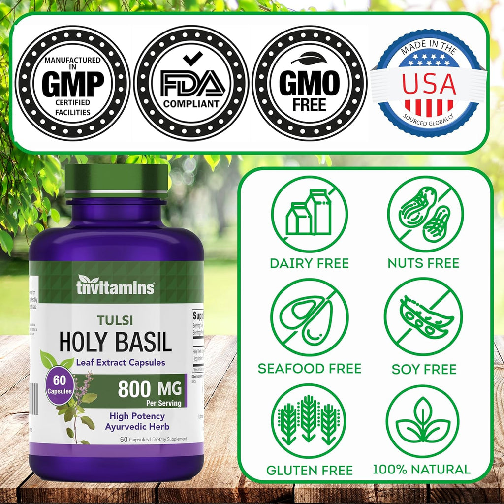Holy Basil Capsules (800mg - 60 Capsules) | Holy Basil Tulsi Supplement | May Promote Stress & Frustration Relief* | Tulsi Holy Basil Leaf Extract | Made in The USA, Non-GMO!