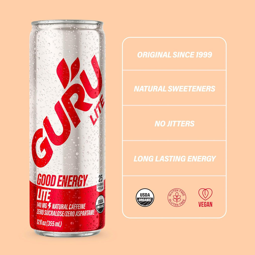 GURU Lite Organic Energy Drinks, Clean Energy Drink with Plant Based Natural Caffeine from Green Tea, Low Calorie, Gluten Free and Vegan, 140MG Caffeine, Healthy Drinks, 12oz (Pack of 24)