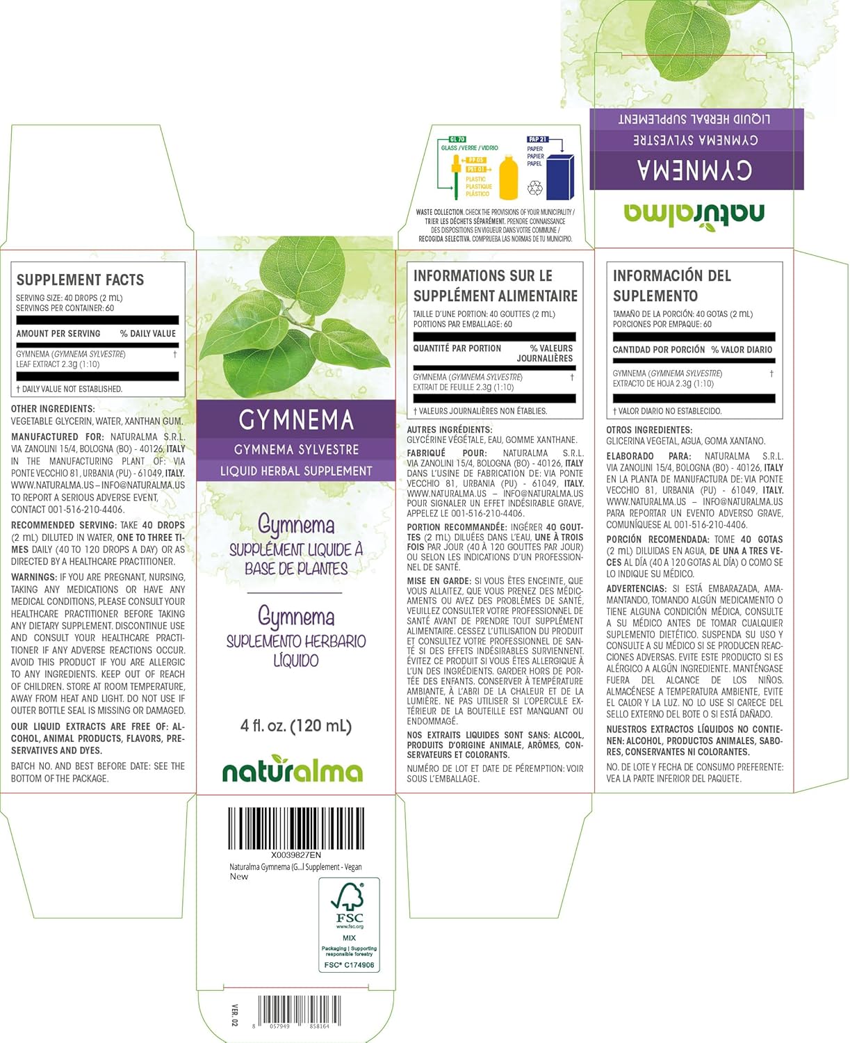 Naturalma Gymnema (Gymnema sylvestre or Marsdenia sylvestris) Leaf Alcohol-Free Tincture - 4 fl oz Liquid Extract in Drops - Herbal Supplement - Vegan