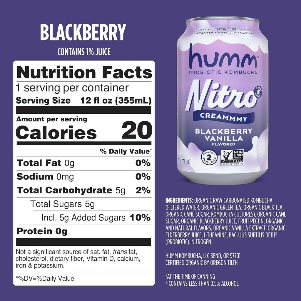 Humm Nitro Kombucha Blackberry Vanilla, Creamy Smooth Probiotic Drink with L-Theanine, Non-GMO, Vegan, Gluten Free, 12 fl oz (Pack of 24)
