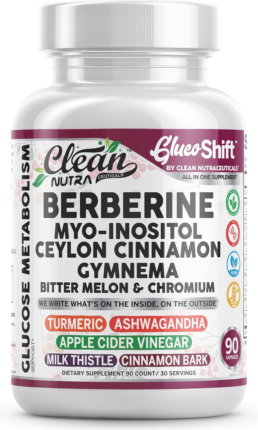 Clean Nutra Berberine Supplement with Ceylon Cinnamon Myo-Inositol Gymnema Bitter Melon & Chromium | Berberine HCI Root Extract Complex | 90 Capsules | Vegan, Gluten-Free, Non-GMO