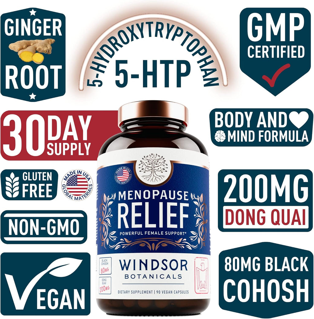 Menopause Supplements for Women - 5-HTP, Dong Quai, Black Cohosh for Menopause Hot Flashes, Night Sweats Relief Support - Womens Pre Meno Premenopausal Perimenopause Supplement - 90 Caps