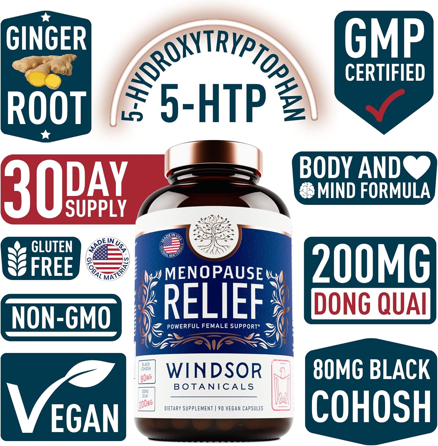 Menopause Supplements for Women - 5-HTP, Dong Quai, Black Cohosh for Menopause Hot Flashes, Night Sweats Relief Support - Womens Pre Meno Premenopausal Perimenopause Supplement - 90 Caps