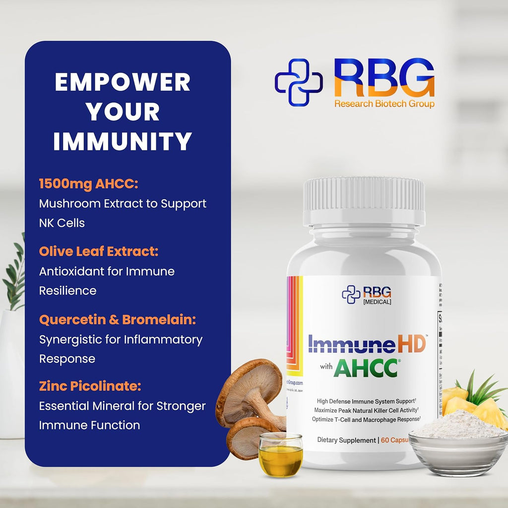 Immune HD with AHCC Supplement for Immune Support,1500mg of AHCC + Olive Leaf Extract & Quercetin with Bromelain, Maintains Natural Killer Cell Activity for Immune System, 60