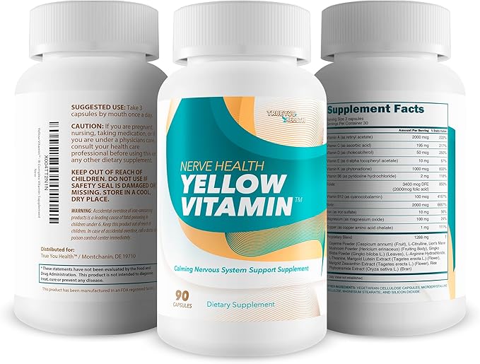 Yellow Vitamin for Nerves - Our Best Soothing Nerve Support Supplement - Vitamin B Complex for Nerve Repair - Comprehensive Nervous System Support Supplement - Lions Mane Nerve Repair Supplements