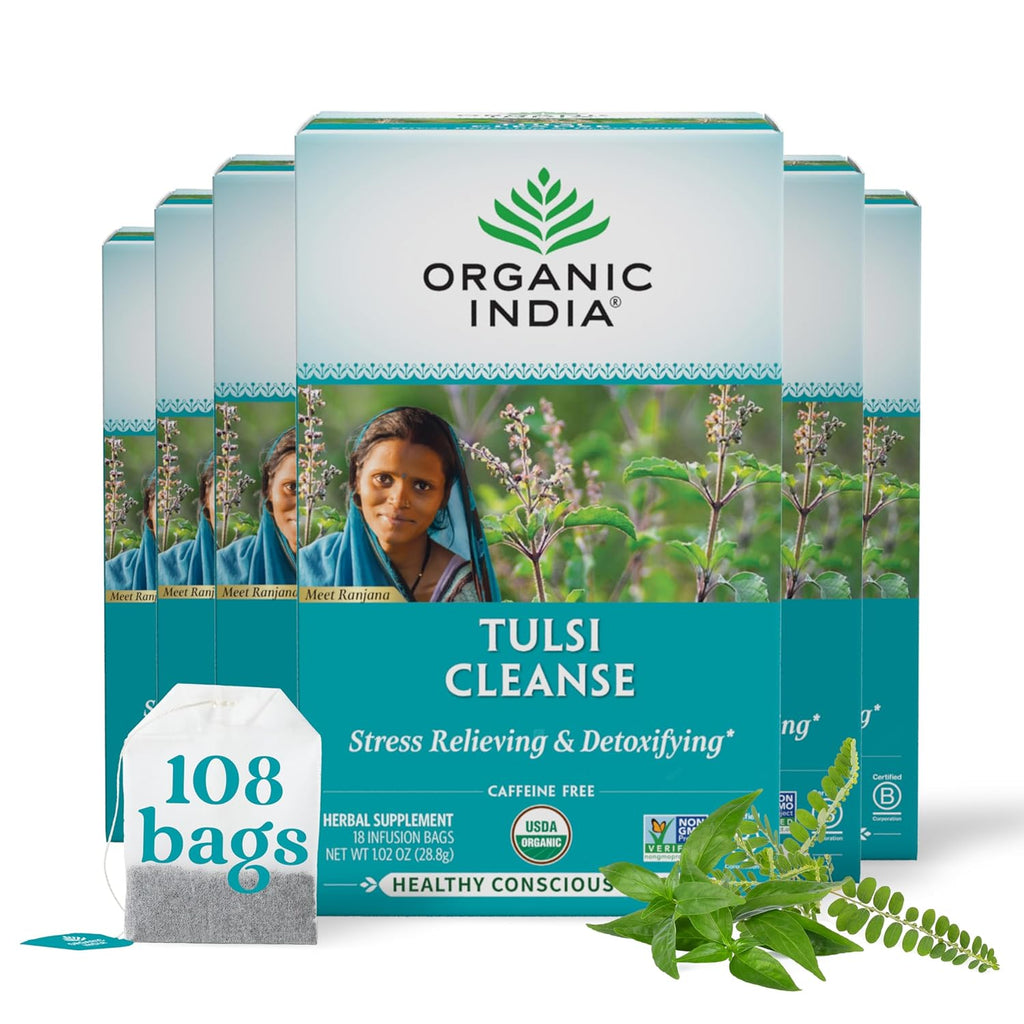 Organic India Tulsi Cleanse Detox Tea - Holy Basil, Ginger, Turmeric, Herbal Tea, Stress Relieving & Cleansing, Immune Support, Adaptogen, Organic, Non-GMO, Caffeine-Free - 18 Infusion Bags, 6 Pack