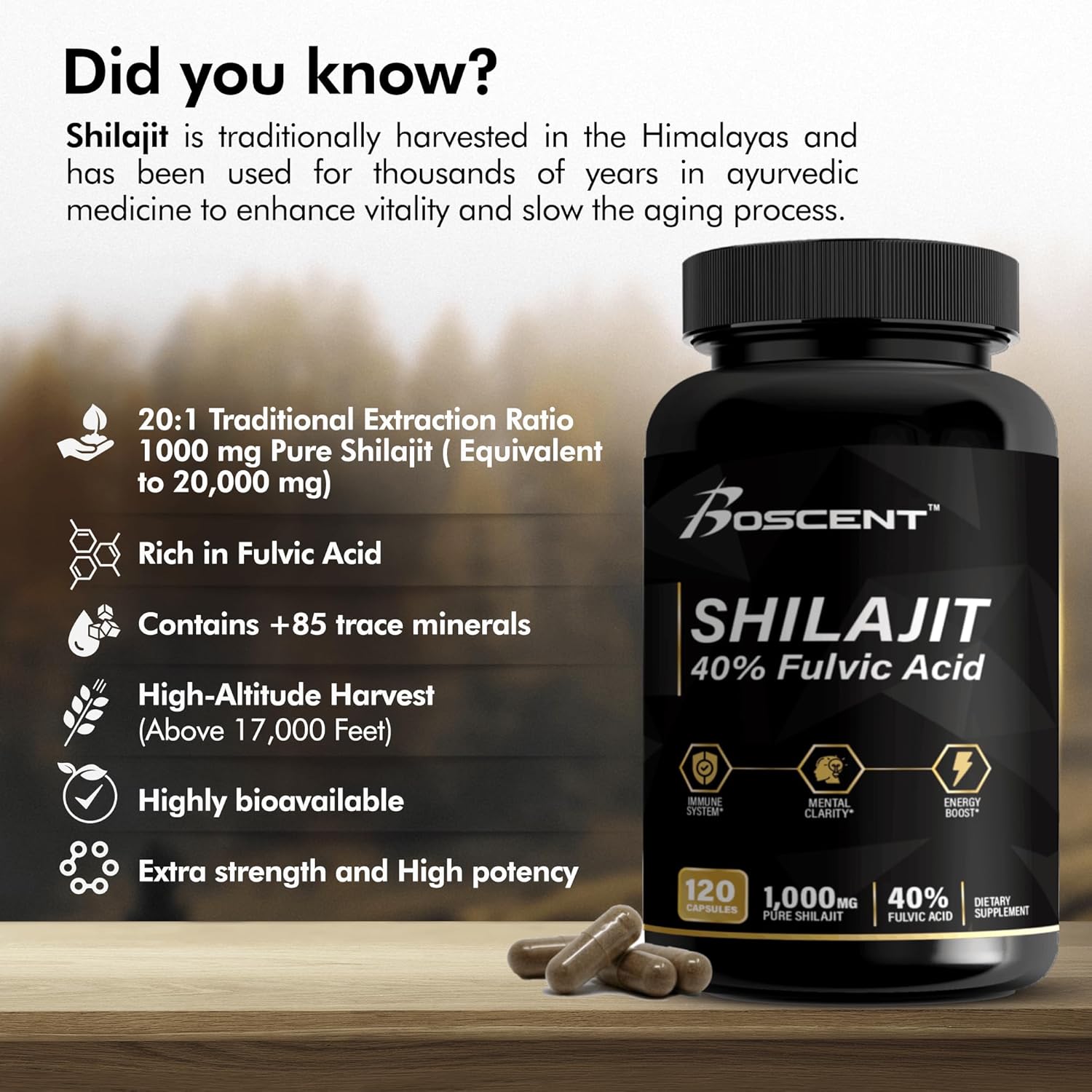 Shilajit Capsules 20,000mg – Pure Himalayan Shilajit for Men & Women – Organic Fulvic Acid Supplement with 85+ Trace Minerals – High Potency Natural Energy & Vitality Support – 120 Vegan Capsules
