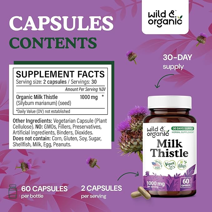 Wild & Organic Milk Thistle Capsules 1000mg - Liver Support Supplement - Silymarin Milk Thistle Powder for Liver Cleanse - 60 Vegan Capsules - 1-Month Supply - No Fillers, Non-GMO