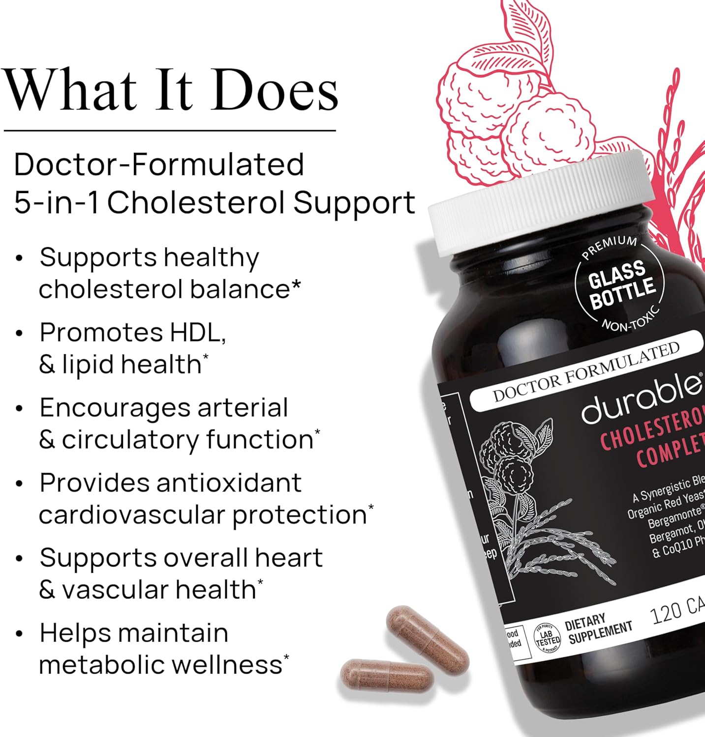 Durable Cholesterol Complete – Organic Red Yeast Rice 1,600 mg + Bergamonte® Citrus Bergamot 1,000 mg + Ubiqsome® CoQ10 + Olive Leaf + Vitamin C – Doctor Formulated, Made in USA (120 Capsules)
