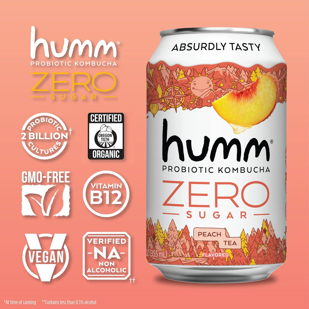 Humm Probiotic Kombucha Zero Sugar Peach Tea, No Refrigeration Needed, Keto Friendly, Organic, Vegan, Gluten Free, 12oz Cans (16 Pack)