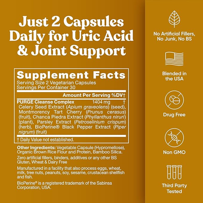 Eu Natural Purge Uric Acid Flush - Eat & Drink What You Want - Uric Acid Support for Joints & Mobility with Celery Seed, Tart Cherry & Chanca Piedra - 120 Vegetarian Capsules