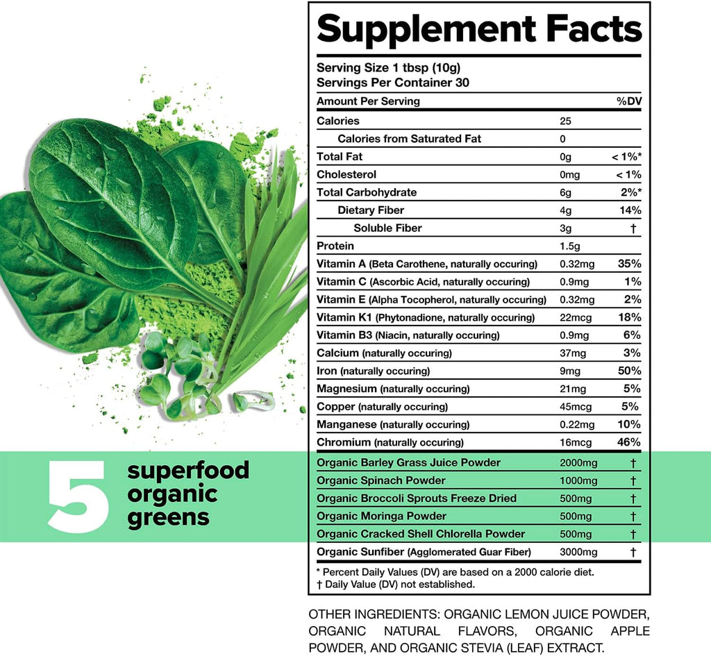 Complement Daily Greens Powder, Super Greens Powder Superfood- Wholefoods, Organic Chlorella Powder, Barley Grass Juice Powder, Broccoli Sprouts- Immune Support, Brain Health, Metal Detox- 30 Servings