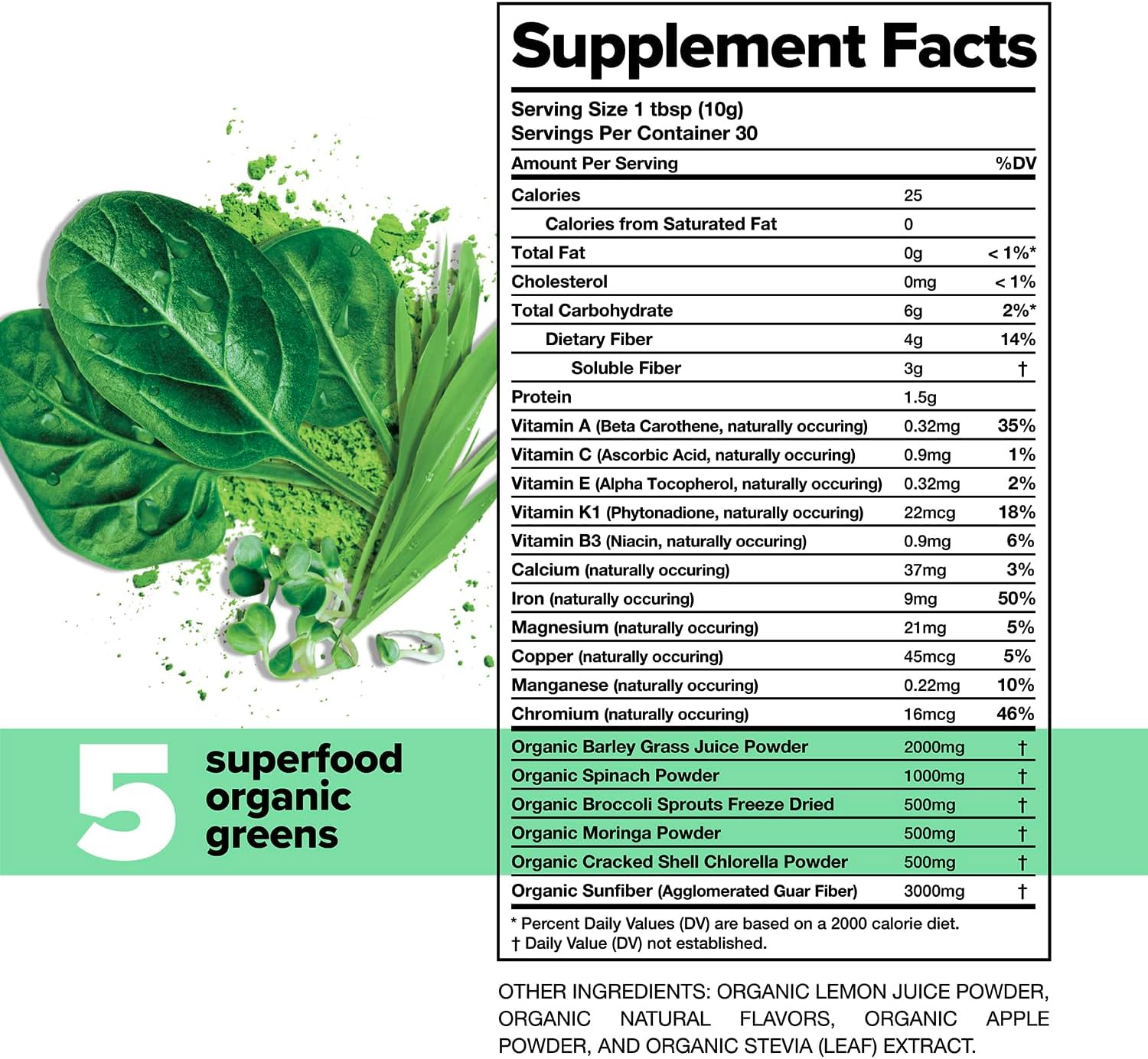 Complement Daily Greens Powder, Super Greens Powder Superfood- Wholefoods, Organic Chlorella Powder, Barley Grass Juice Powder, Broccoli Sprouts- Immune Support, Brain Health, Metal Detox- 30 Servings